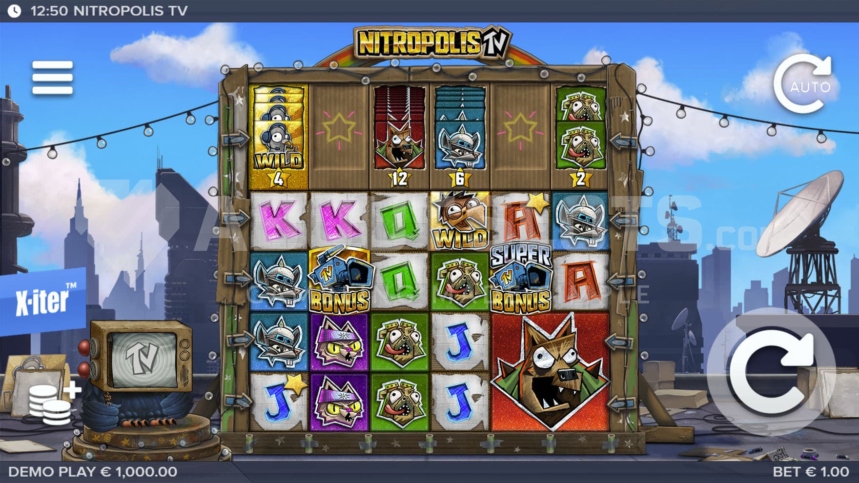 Base Game view of a 6x4 grid on a backdrop of a city landscape, with multiple symbols on the reels and 4 Nitro Reels opened.