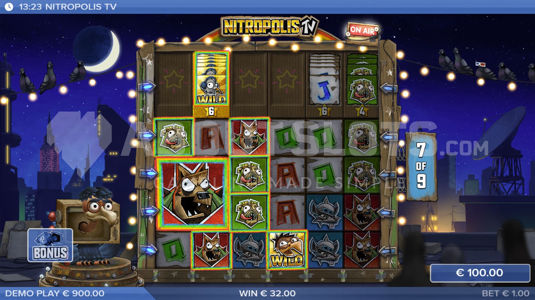 Free Spins bonus in progress taking place at night and showing multiple way wins while using the Wild Nitro Reel.