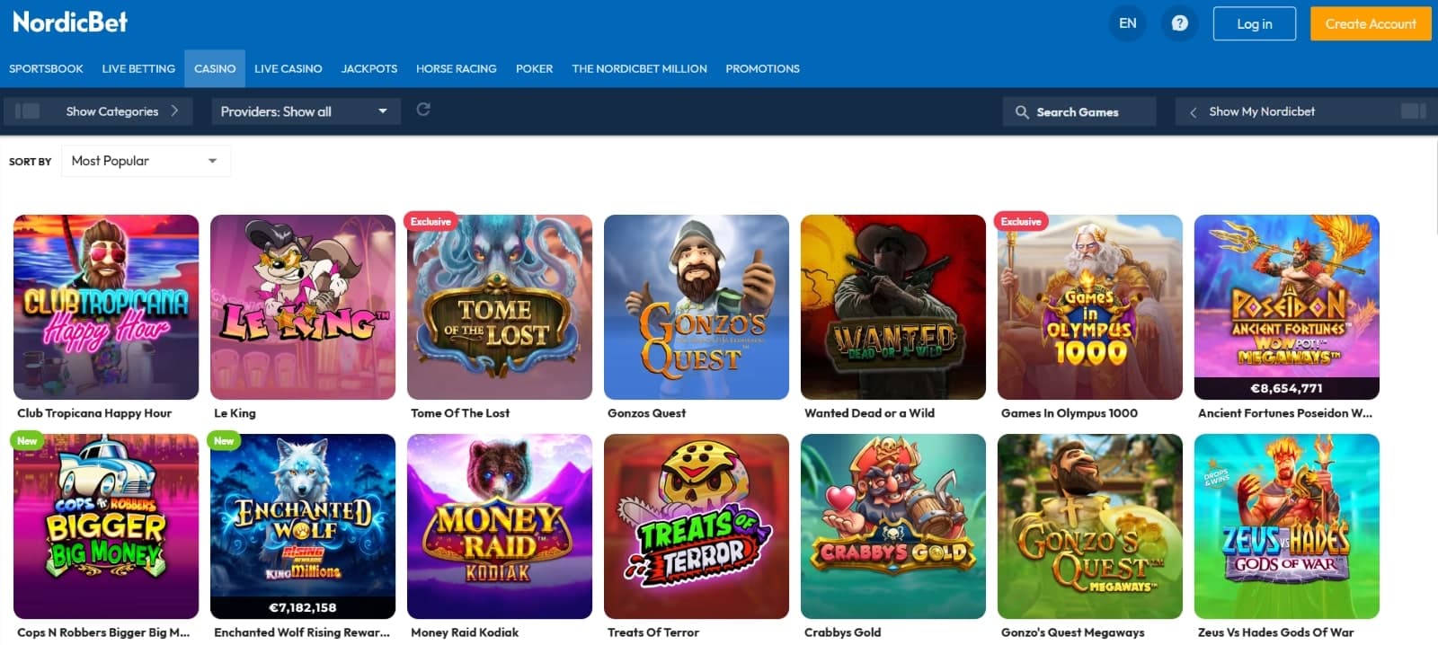 NordicBet Casino games page featuring slot such as Gonzos Quest and Gates of Olympus 1000