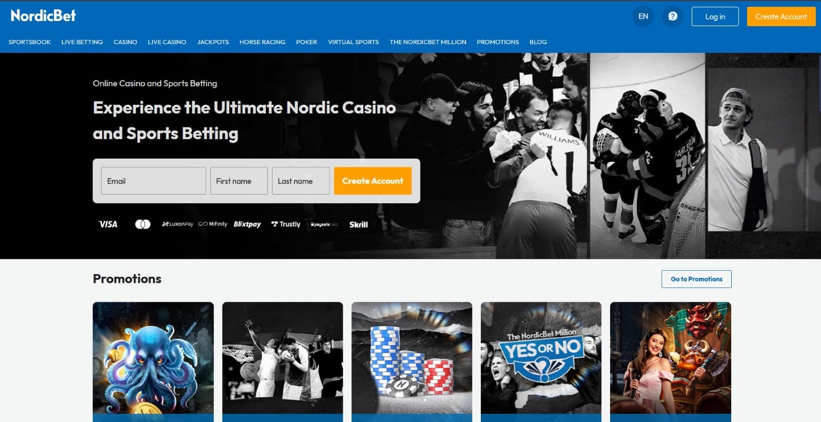 NordicBet Casino landing page featuring casino and sports betting images and featured promotions