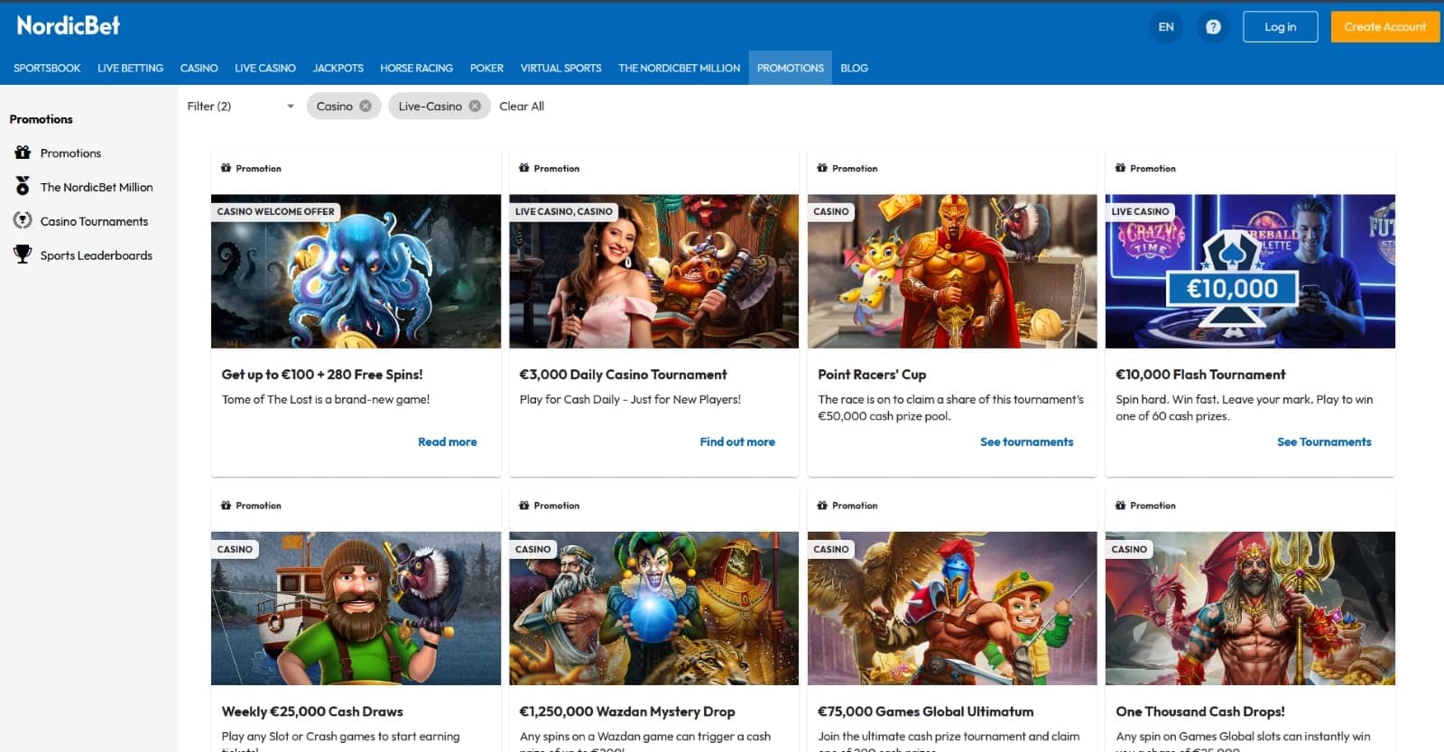 NordicBet Casino promotions page listing the welcome bonus of 100 euros and 280 free spins and casino tournaments