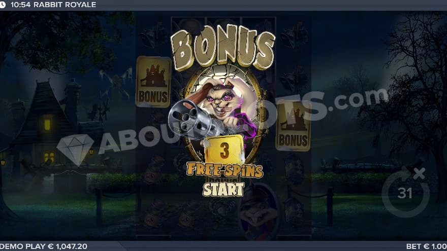 Intro screen to the bonus game with 3 free spins awarded.