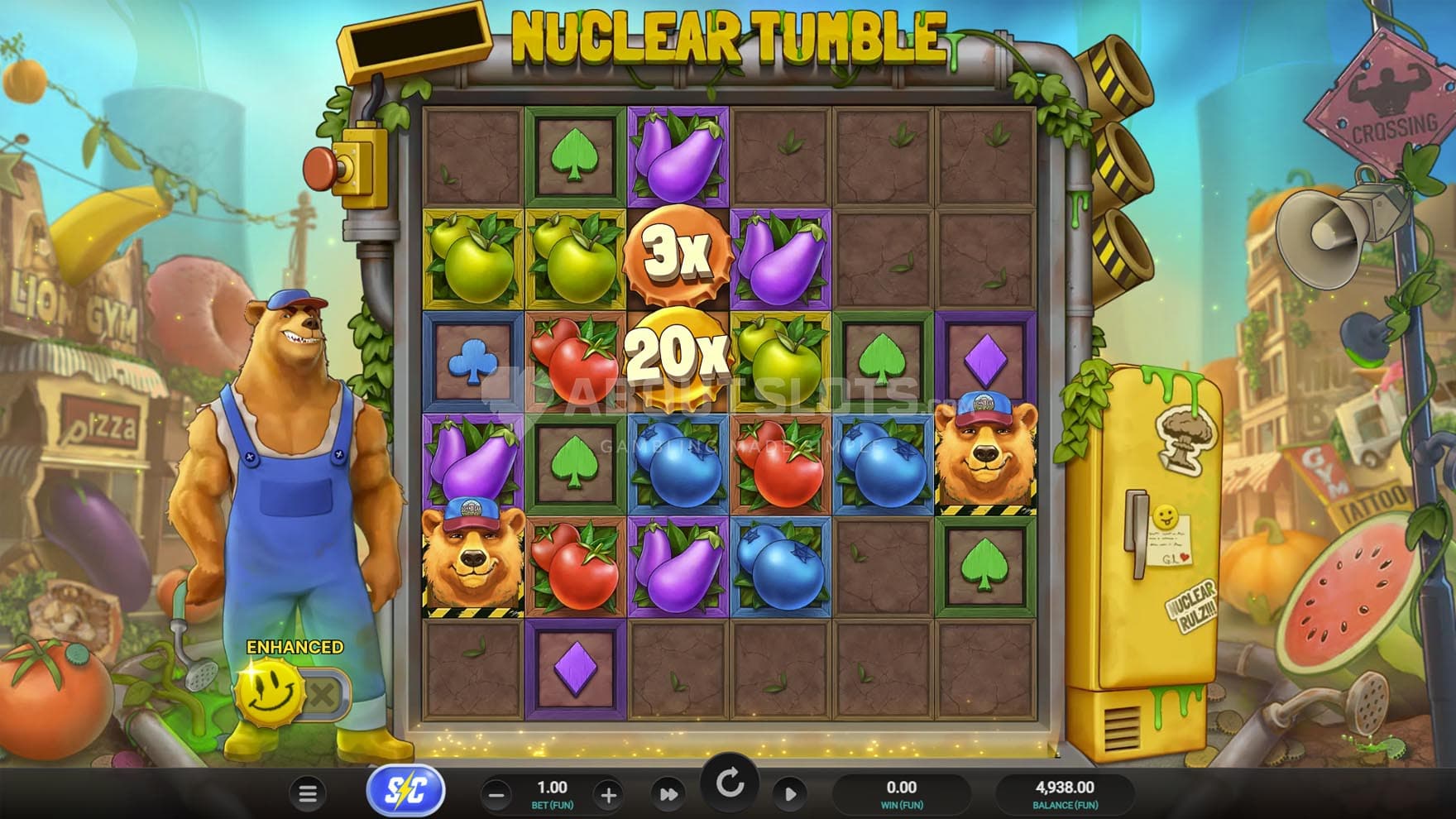 Screenshot of the base game, showing a 6x6 grid on a backdrop of a ruined city overgrown with oversized fruit and veg.