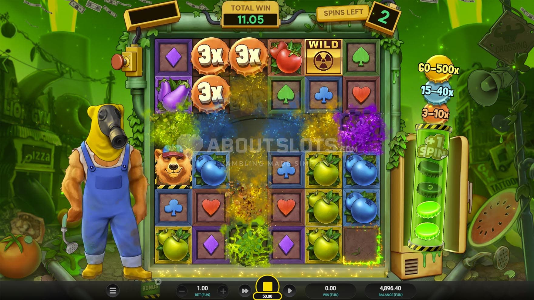 Screenshot of the Free Spins bonus in progress, showing several symbols being destroyed by a bomb.