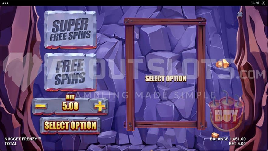 A menu where the player can purchase Free Spins and Super Free Spins.
