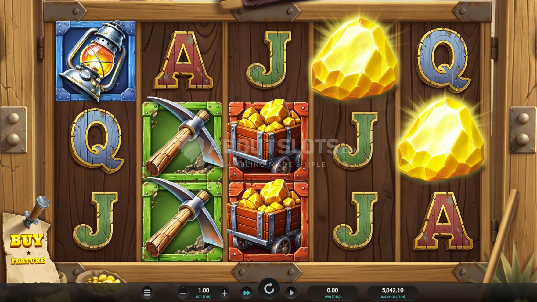 Screenshot of the base game, showing a 5x3 grid on a backdrop of a mining shaft.