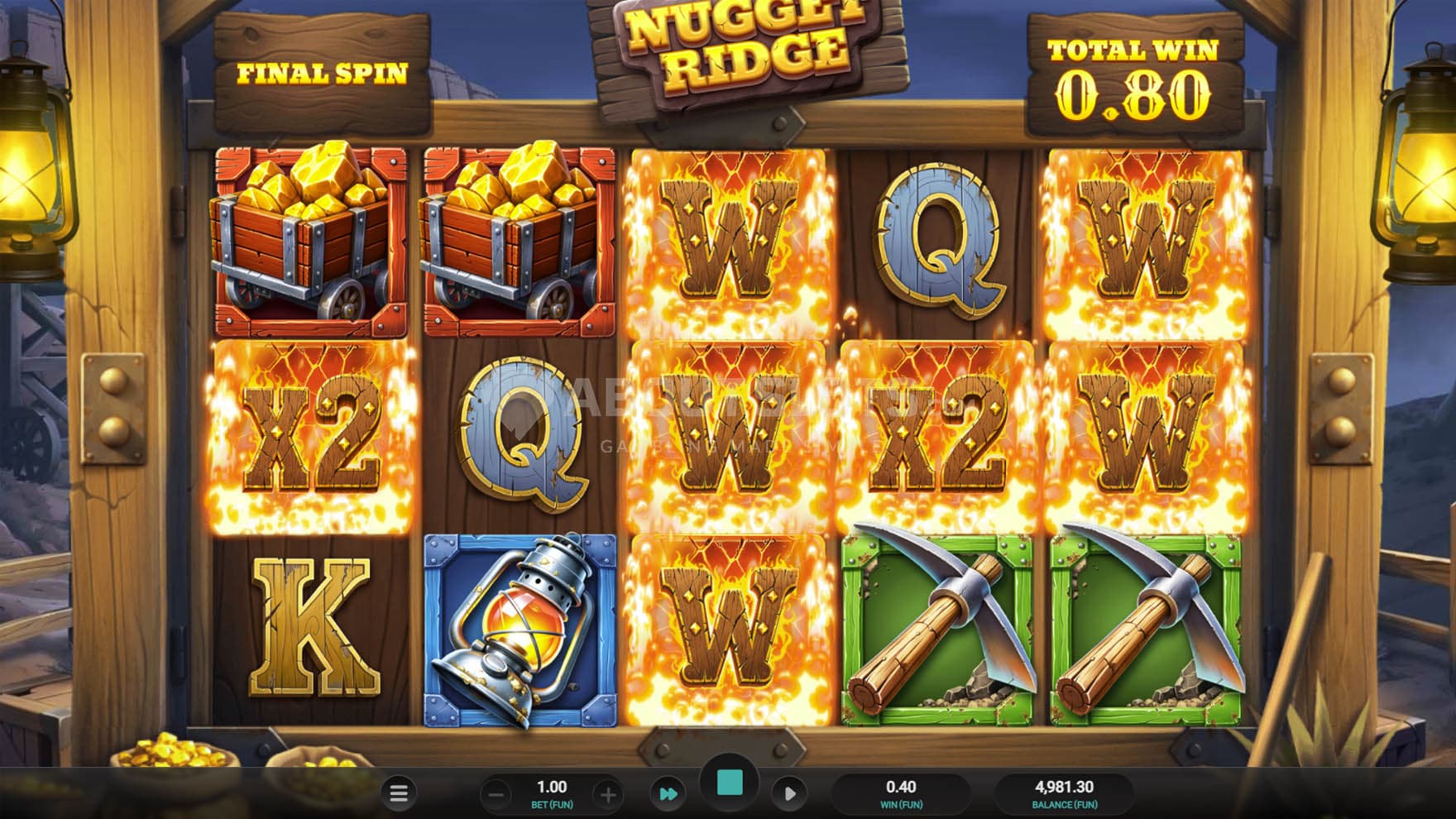 Screenshot of the Free Spins bonus in progress, showing multiple Wilds on the screen.