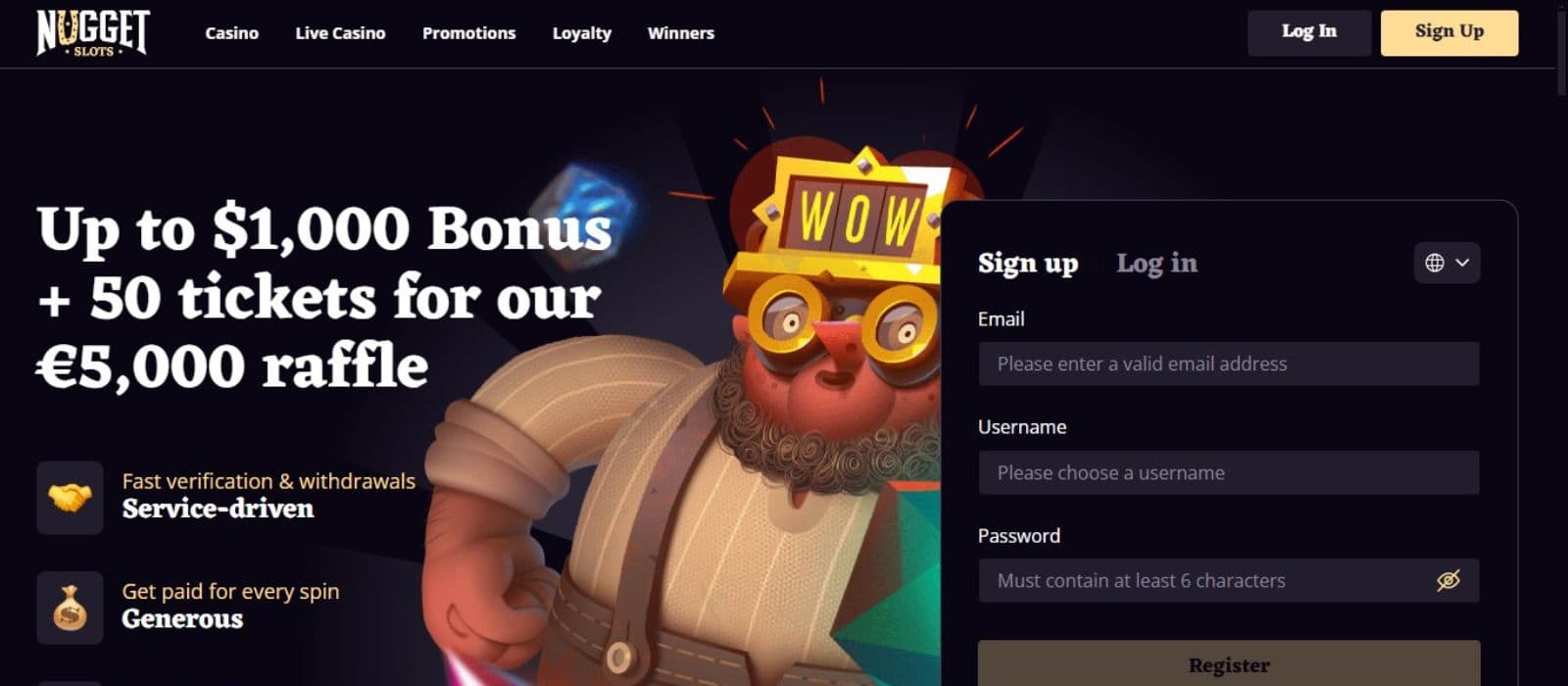 NuggetSlots Casino's landing page, showing the welcome bonus and a sign-up form.