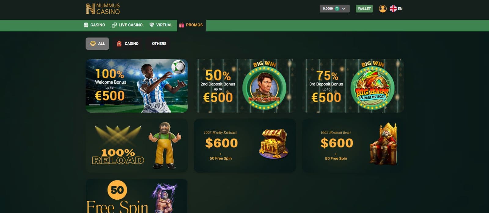 Nummus Casino promotions page showing the casino welcome bonuses and other promotions