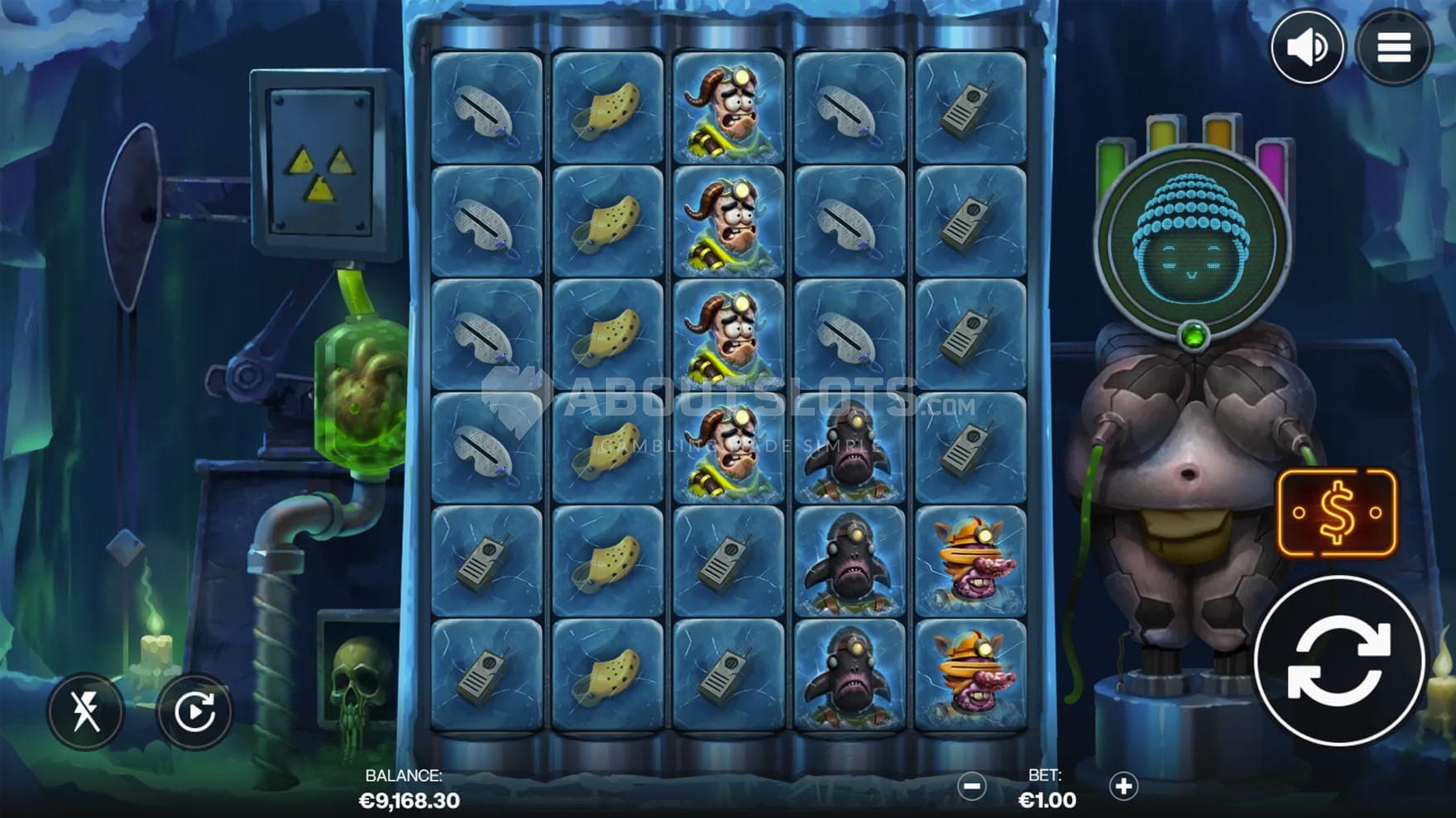 Screenshot of the base game, showing a 5x6 grid inside an icy cavern, with a woman statue standing on the right.