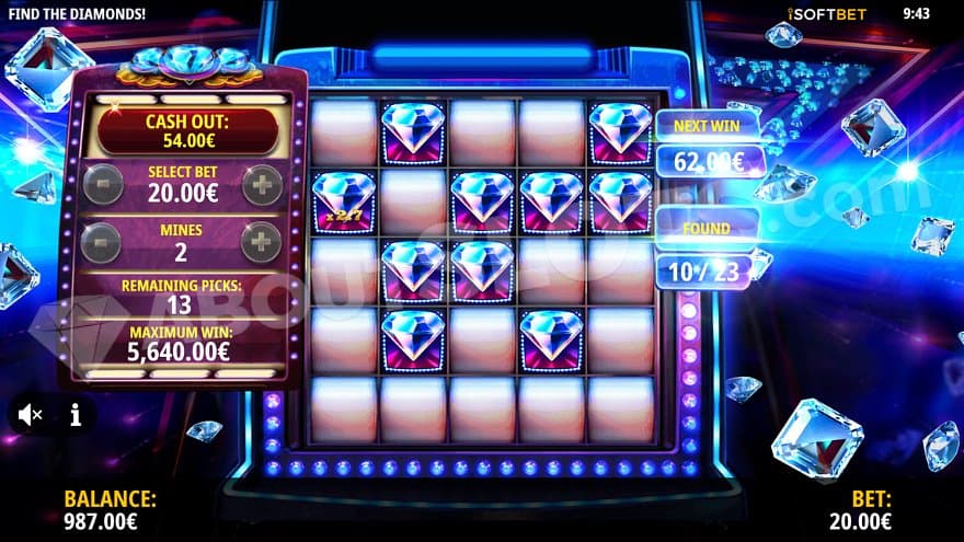 A game of 2 active mines and 23 diamonds.