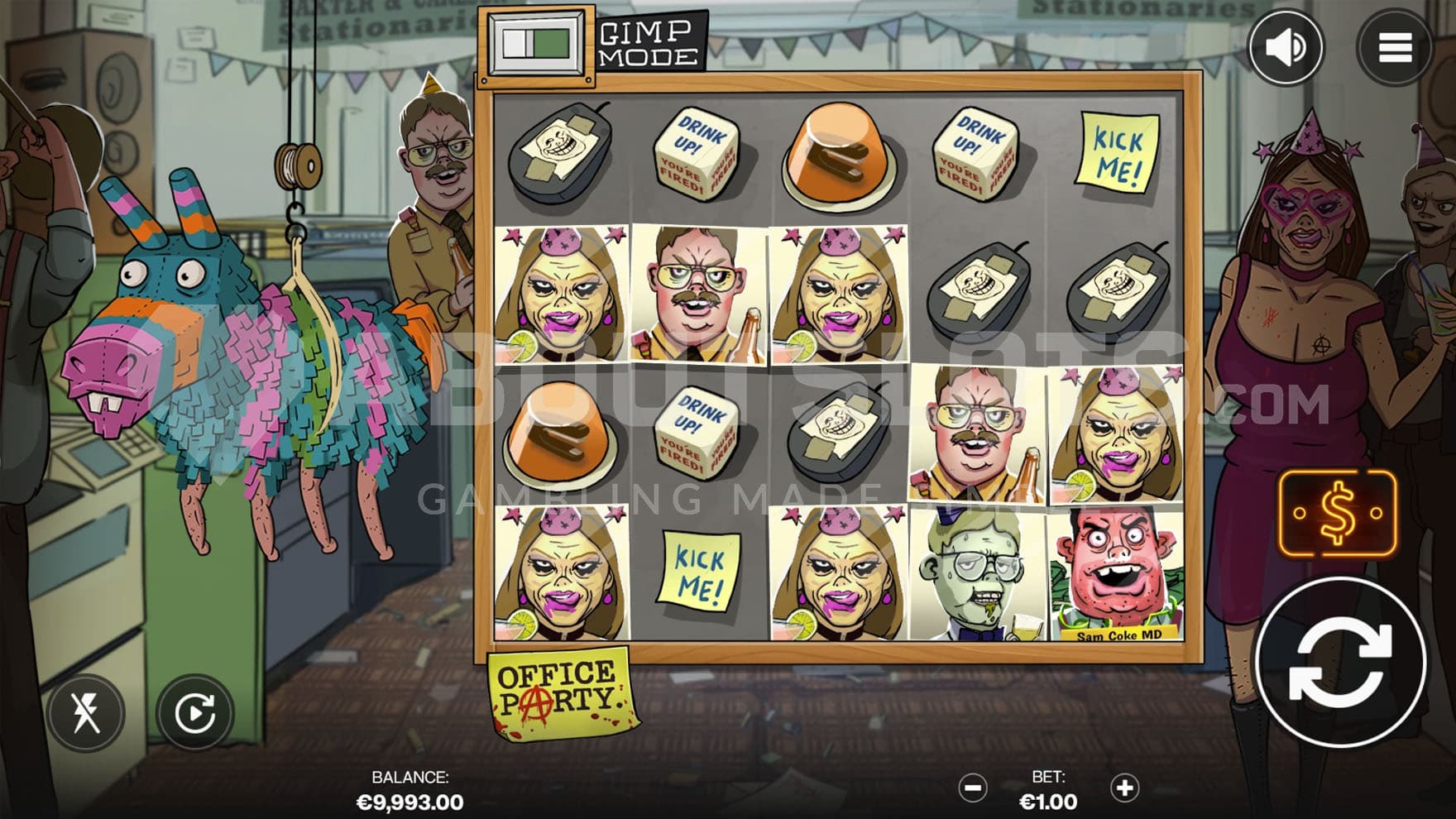 Base Game view of a 5x4 grid on a background of an office with multiple characters dressed for a party.