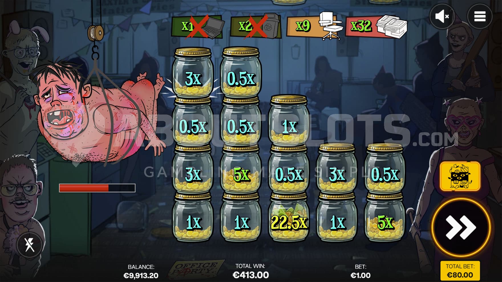 Free Spins bonus in progress, showing multiple jars filled with coins on the reels and the highest multiplier built up to x32.