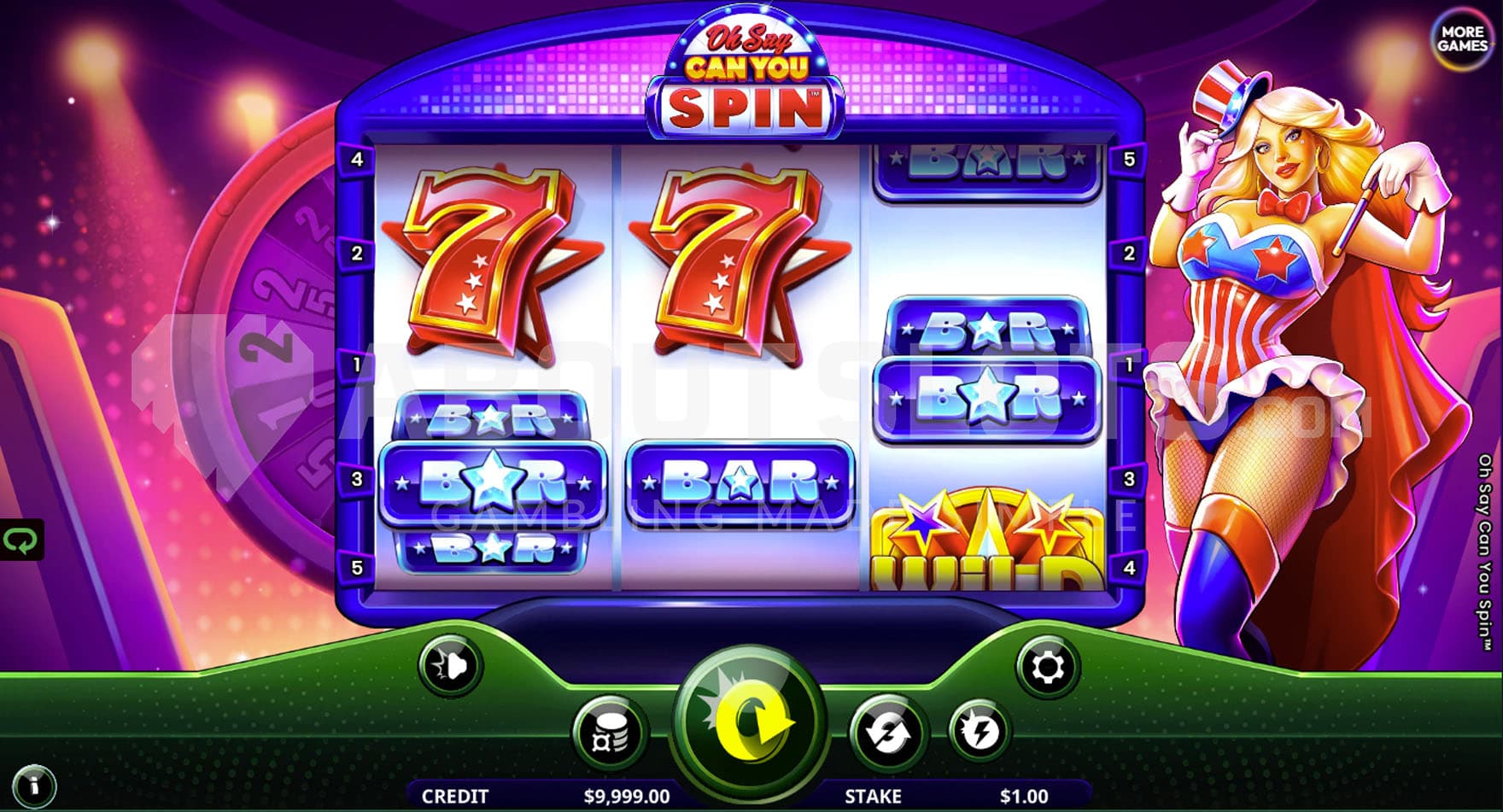 Base Game view of a 3x2 grid on a backdrop of a game show environment.
