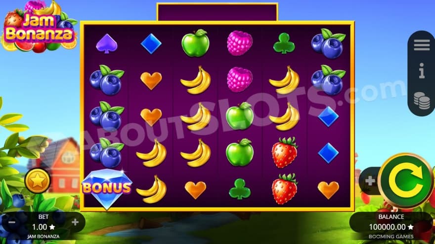 Base game with a red barn to the left of the reels.