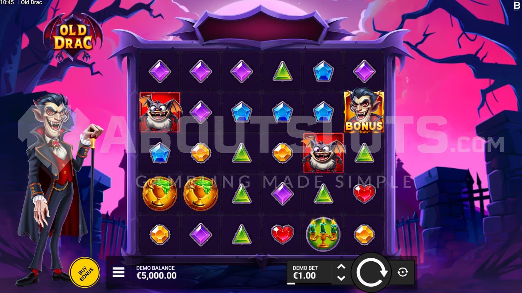 A casino slot with a vampire next to it.