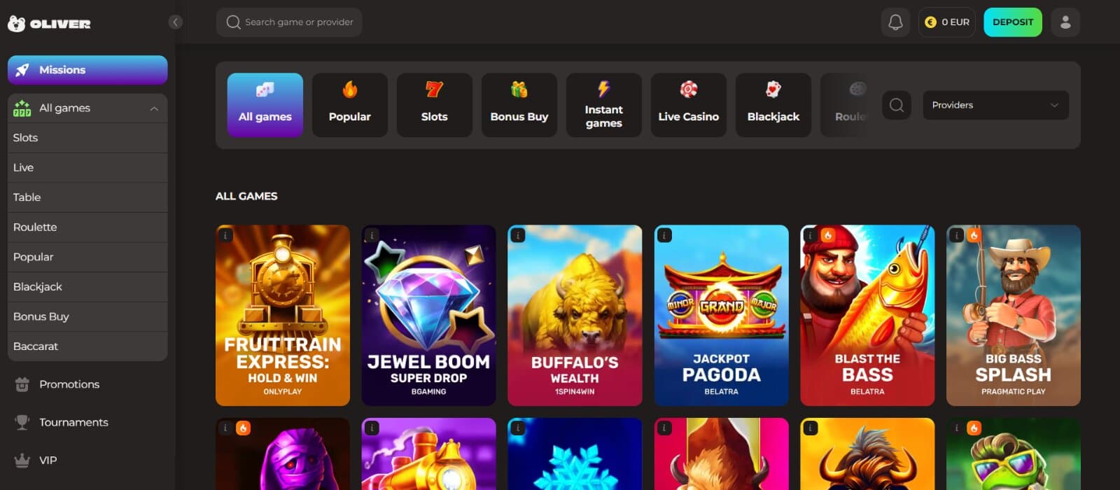 Oliver Casino games page featuring the slot and table game icons under main category tabs and search bar