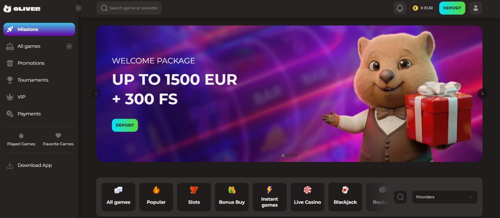 Oliver Casino landing page featuring the 1500 eur and 300 free spins welcome bonus image banner, with main game categories and side navigational menu