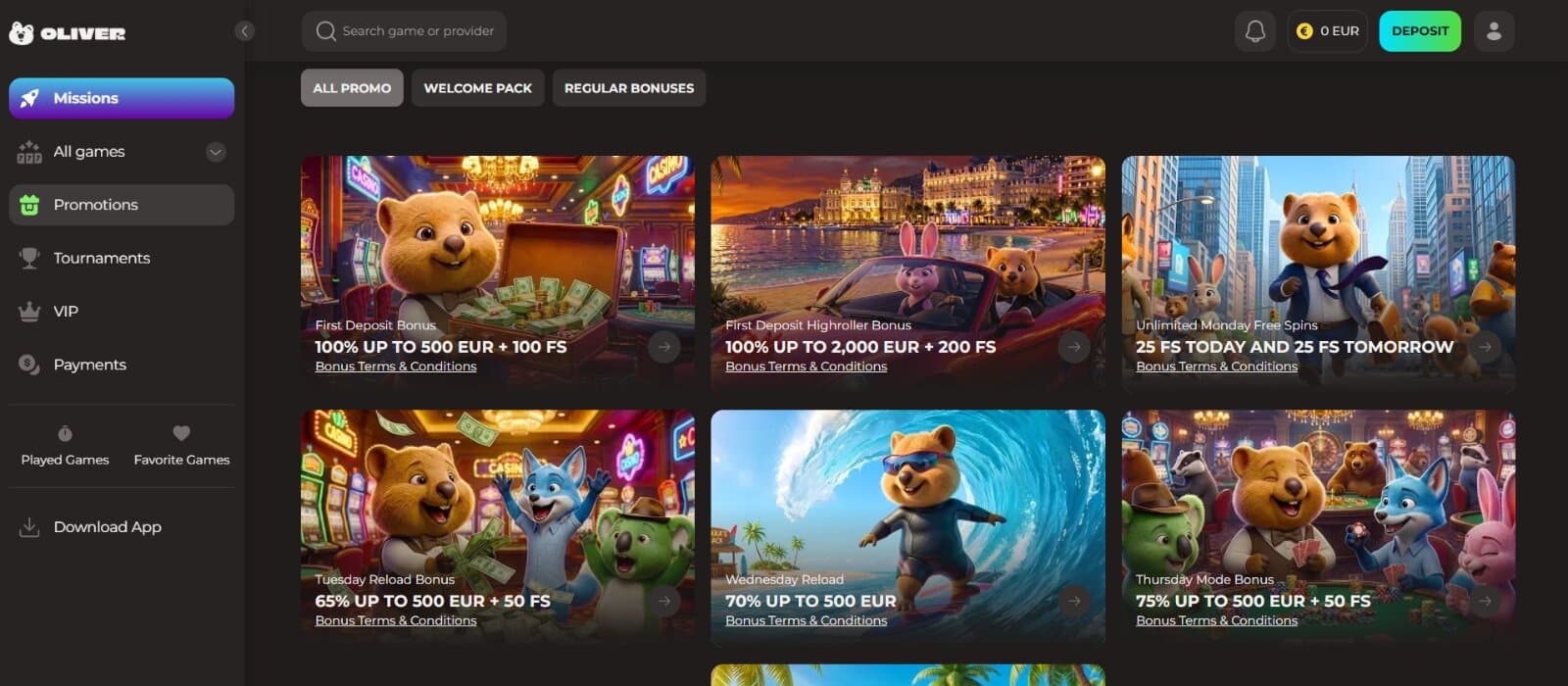 Oliver Casino Promotions page featuring the welcome bonus package, high roller welcome bonus package, weekly reload bonuses, and free spins with respective wombat mascot images