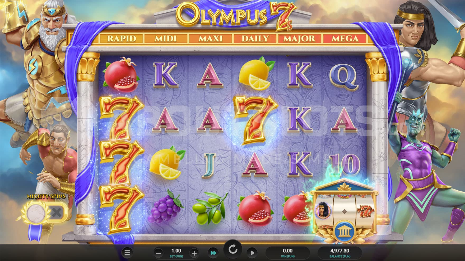 Base Game view of a 6x4 grid surrounded by Greek gods on a backdrop of a cloudy sky.