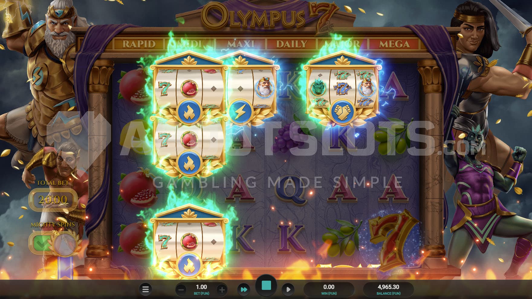 Mighty Spins feature triggered in the base game, resulting in 5 Mini Slots landing on the grid.