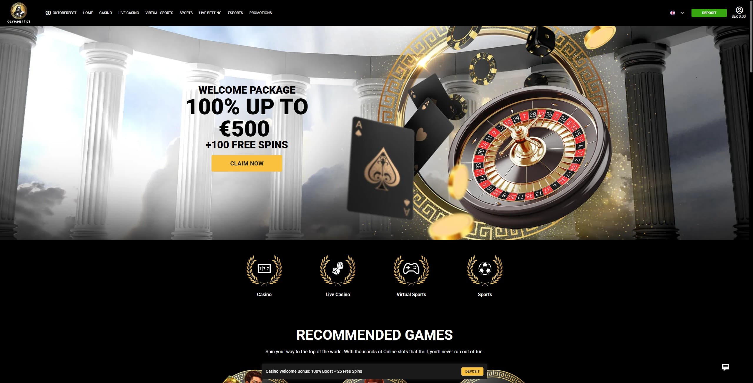 Olympusbet Landing Page showing the welcome offer and the main menu