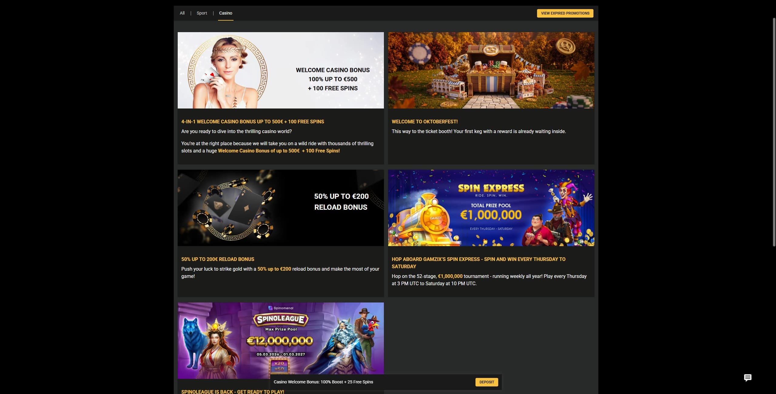 Olympusbet Promotions Page showing the available bonuses and promotions