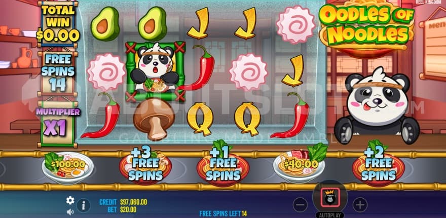 A screenshot of the Free Spins feature with a Panda symbol landing to collect prizes
