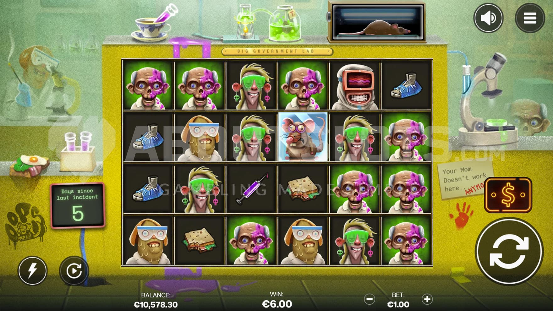 Base Game view of a 6x4 grid on a backdrop of a messy laboratory.