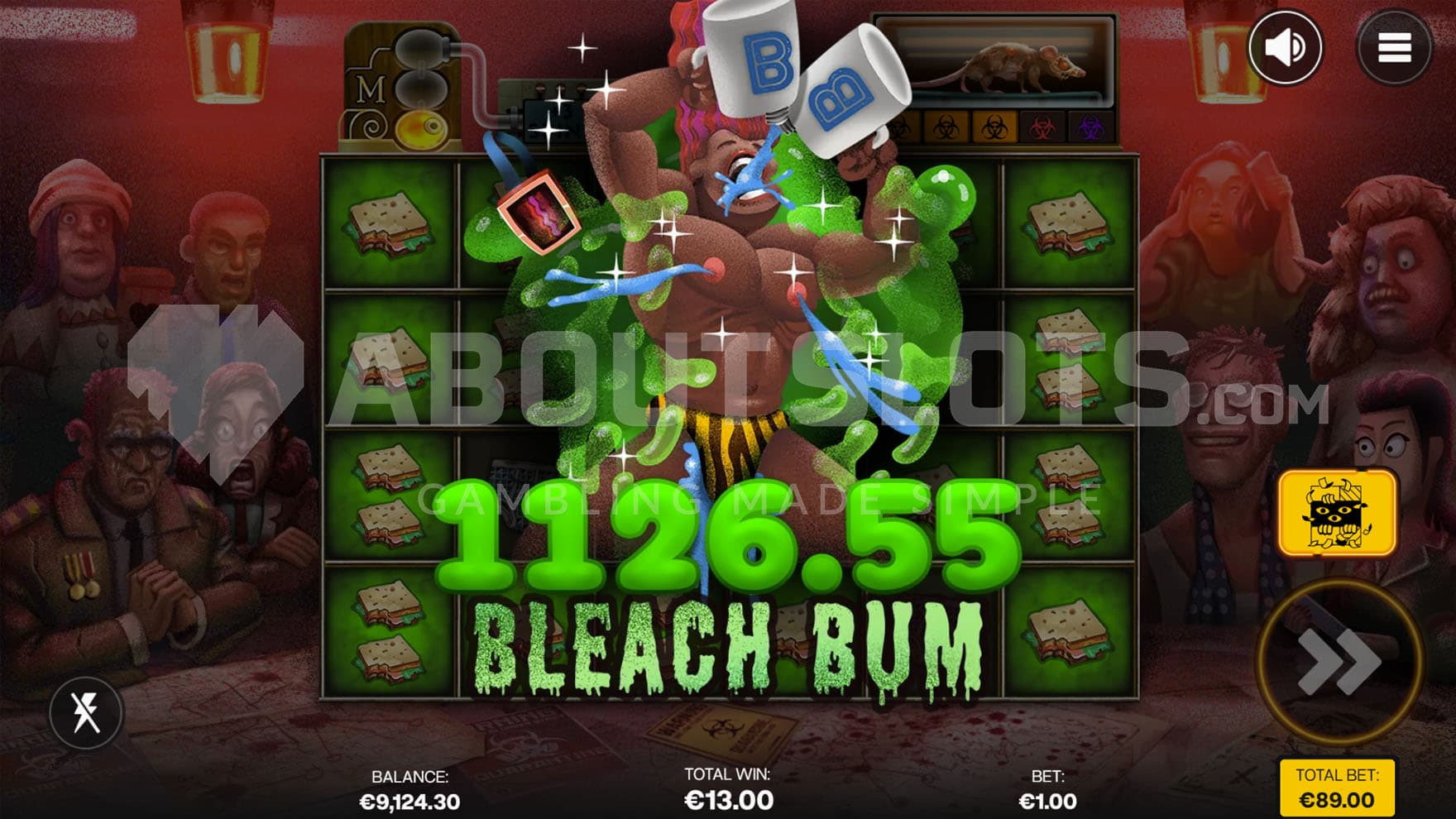 Big Win celebration screen showing a muscular man chugging two jugs of bleach.