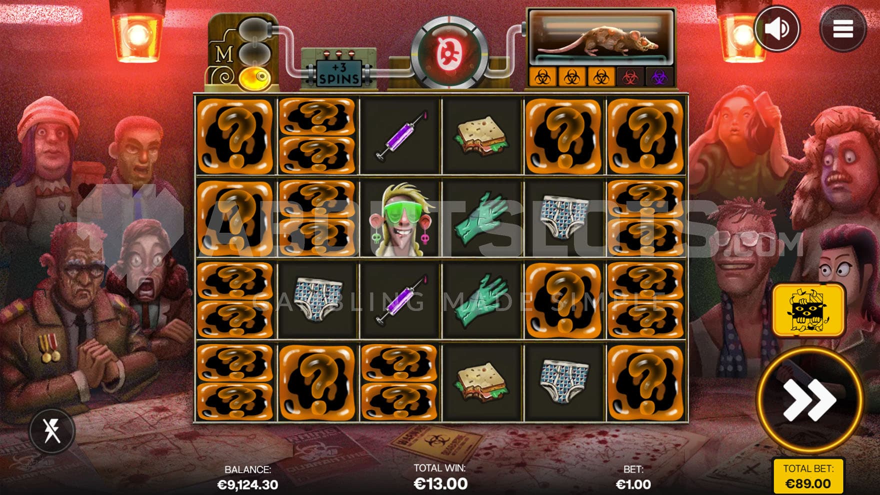 Free Spins bonus in progress, showing level 3 of progression achieved and multiple Mystery Reveal symbols on the grid.