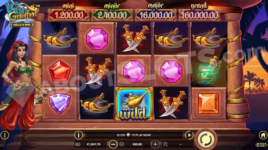 A five reel slot with palm trees to the side.