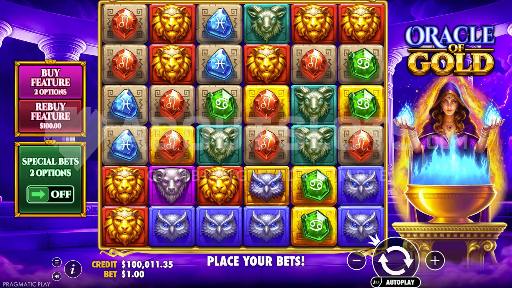 Base Game view of a 6x6 grid on a backdrop of a magical sanctuary with a female oracle standing on the right in front of a lit brazier.