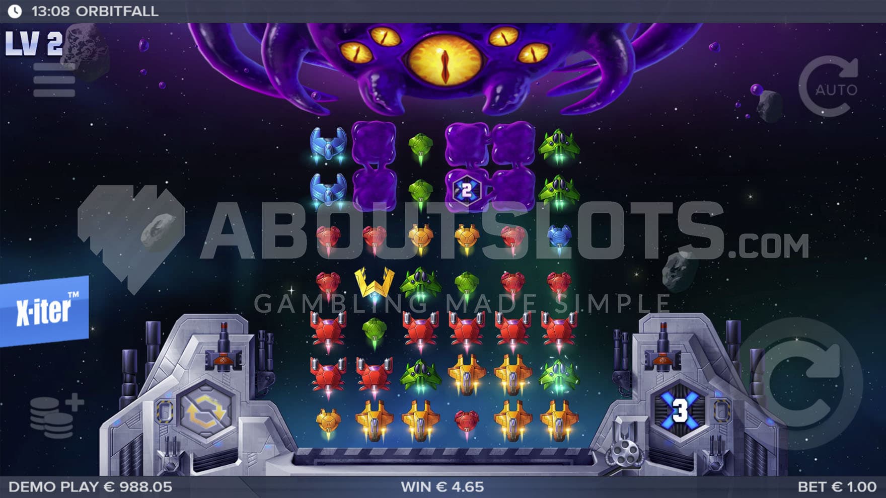 Base Game view of a 6-reel grid on a space backdrop with a giant space ship at the bottom and an alien monster at the top.