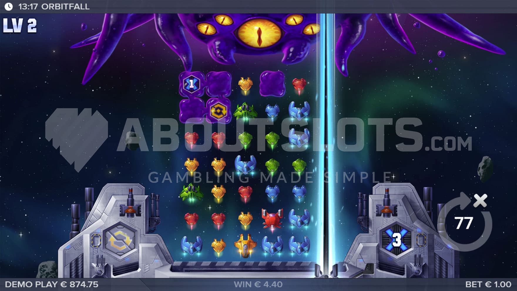 Lazer Feature triggered in the base game, clearing symbols from the 6th reel.