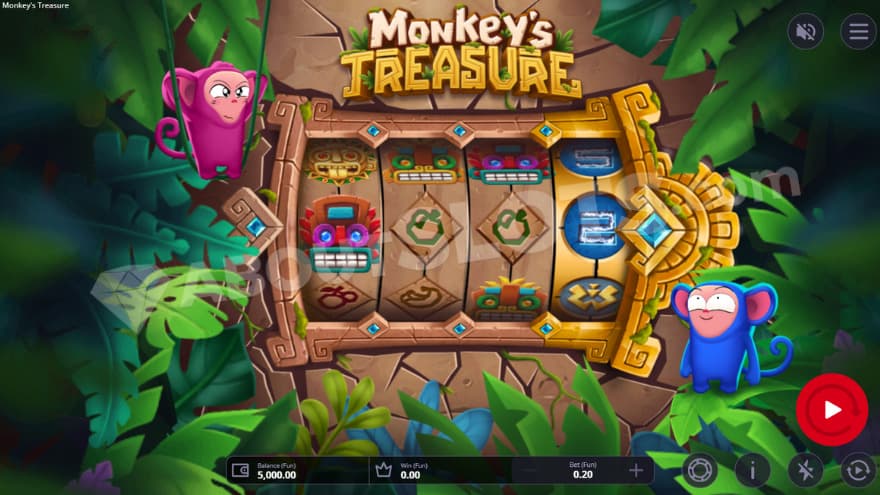 Base game where you can see a pink and blue monkey on the side of the reels.