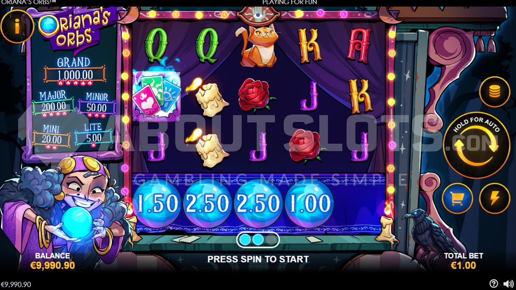 A casino slot with a witch holding an orb.