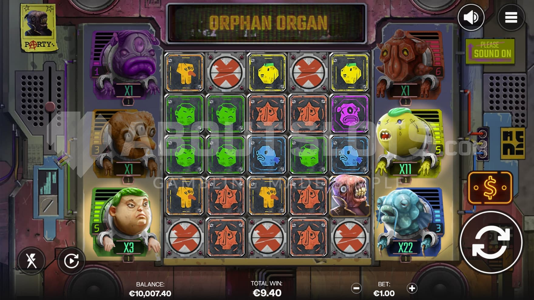 Base Game view of a 5x5 grid with 3 alien creatures on either side bound in shackles.