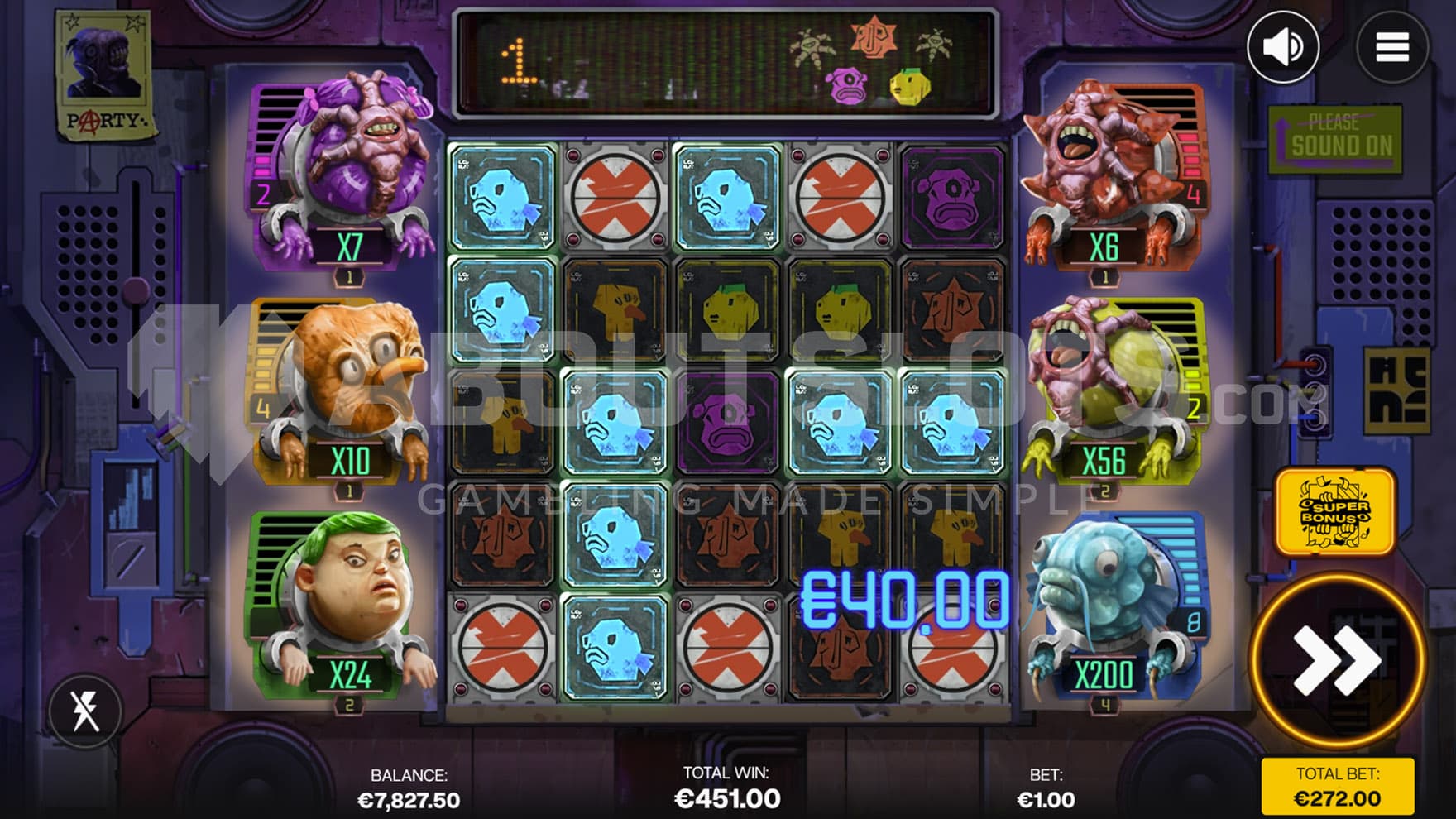 Live In Concert Bonus in progress, showing all meters charged with high multipliers and a high win on the grid.