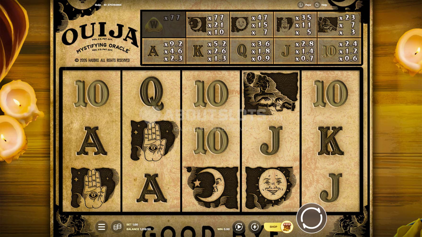 Screenshot of the base game, showing a 5x3 grid on a backdrop of a wooden table with candles.