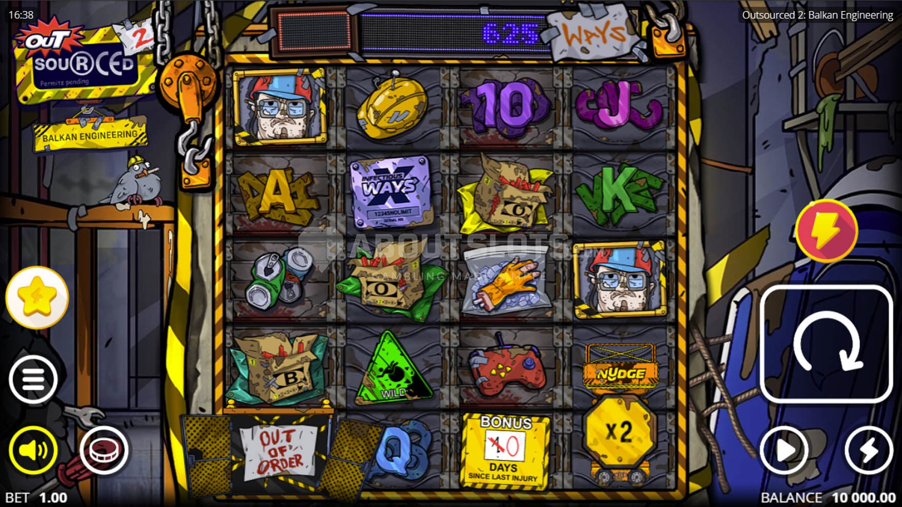 Screenshot of the base game, with a 4x5 grid on a backdrop of a shoddy construction side.