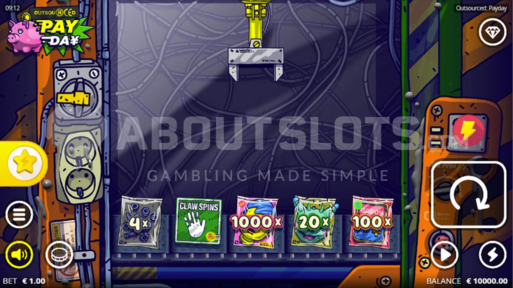 A view of base game with one claw available and a variety of prizes on the conveyor belt.