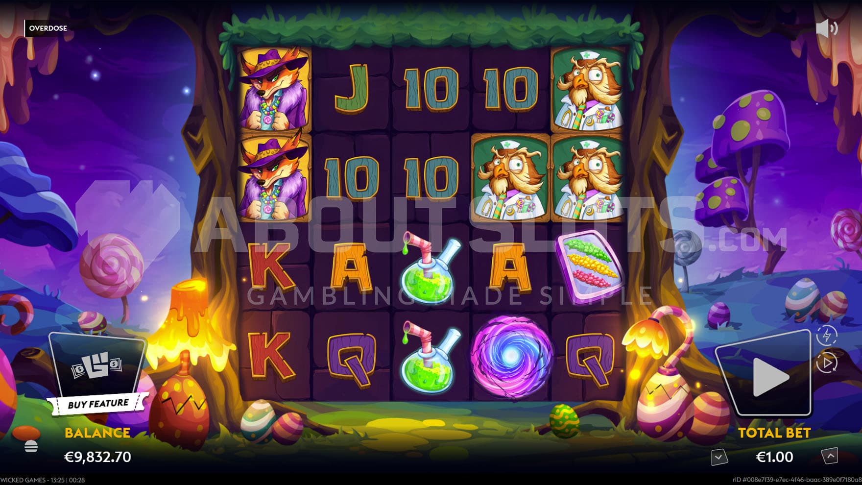 Base Game view of a 5x4 grid on a backdrop of a dark candy land.