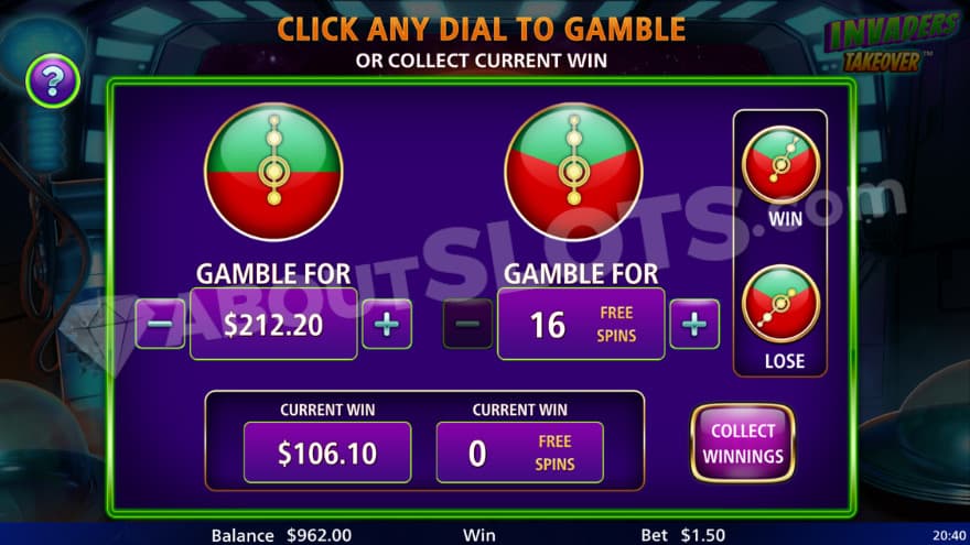 Gamble feature with options to gamble or collect the win.