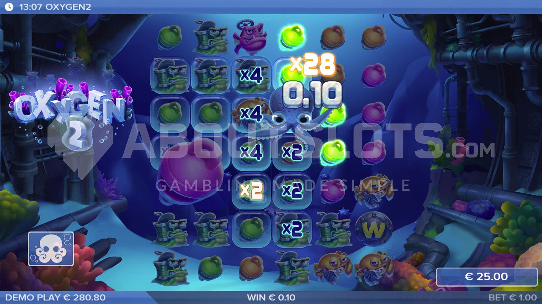 Octopus feature in the base game, showing an octopus collecting several multipliers and applying their total to a win.
