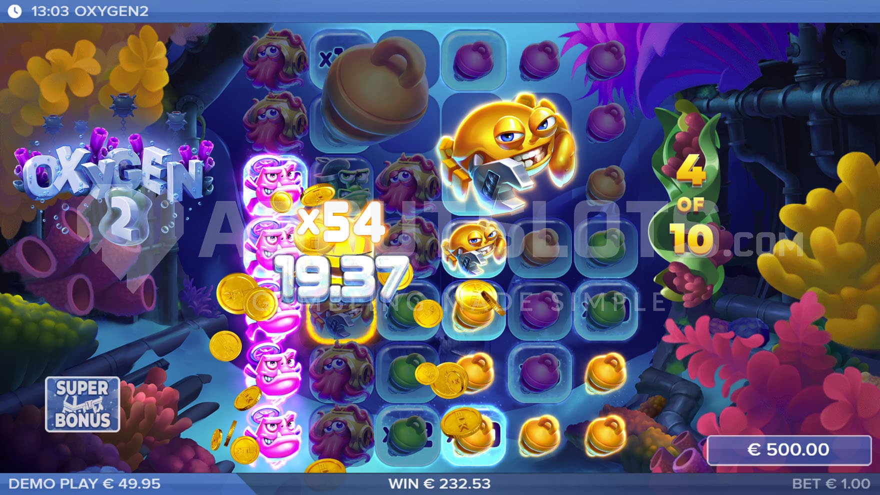 Super Bonus Game in progress, showing a big win with an x54 multiplier.