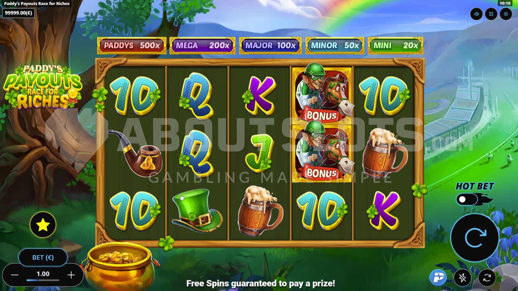 Base Game view of a 5x3 grid on a backdrop of a green valley with a race horse track.