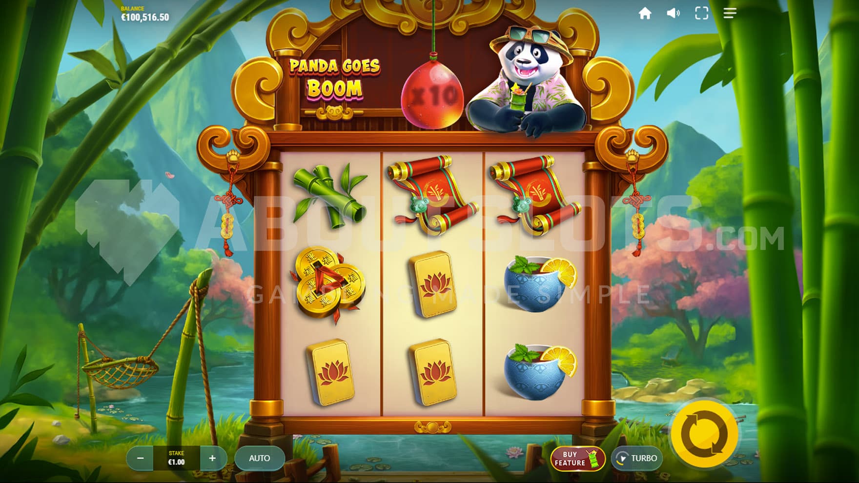 Base Game view of a 3x3 grid on a natural, tropical backdrop.