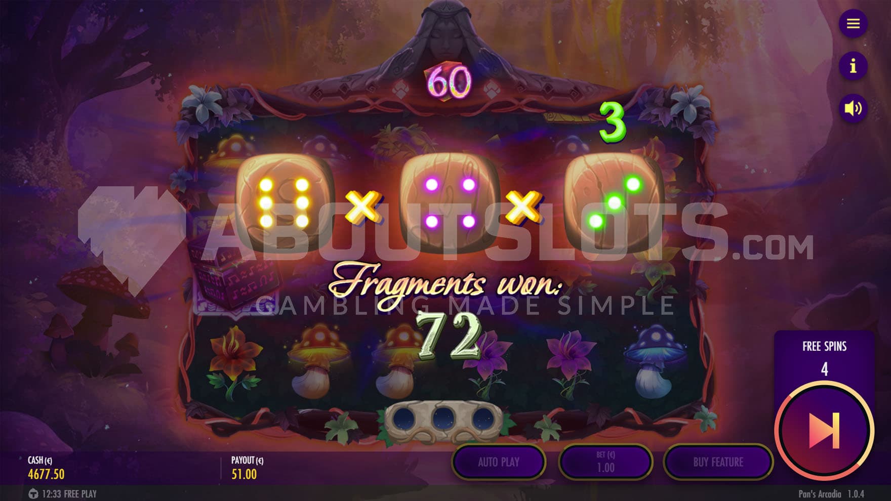 Bonus Game in progress showing Cube Fragments being generated after collecting 3 Scatters.