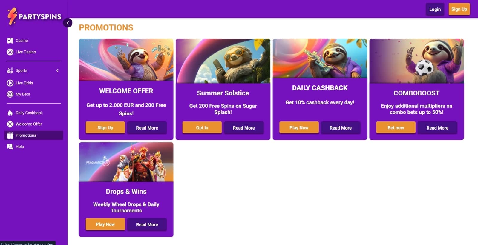 PartySpins casino promotions page featuring welcome offer, 200 free spins and daily cashback offers